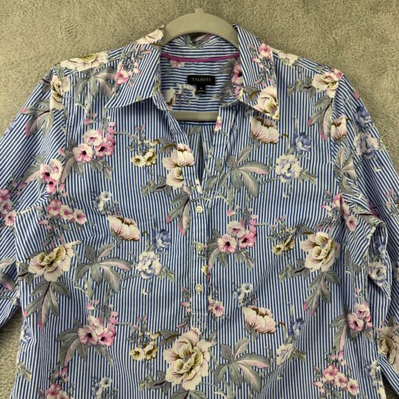 Talbots Top Womens M Blue Floral Popover Button Up Collared Long Sleeves Cottage - Picture 3 of 14
